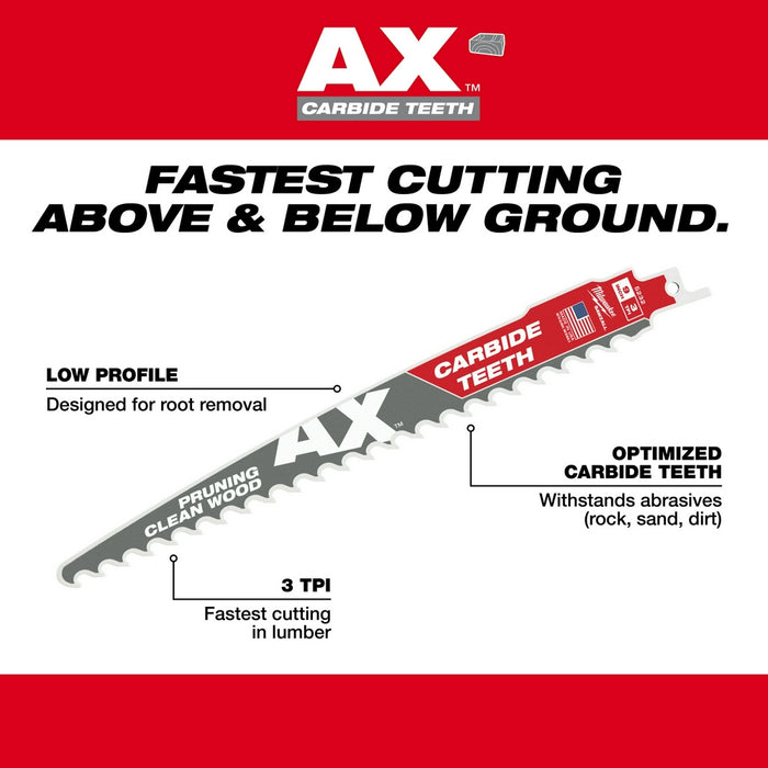 MILWAUKEE 3 TPI AX™ Pruning Clean Wood SAWZALL® Blade w/ Carbide Teeth (3 PACK)