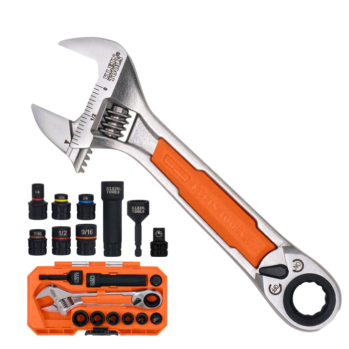 Klein Tools KNECT 6-Inch Adjustable Wrench with Pass-Through Ratchet Set, 10-Piece