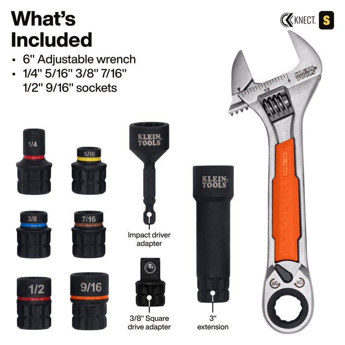 Klein Tools KNECT 6-Inch Adjustable Wrench with Pass-Through Ratchet Set, 10-Piece