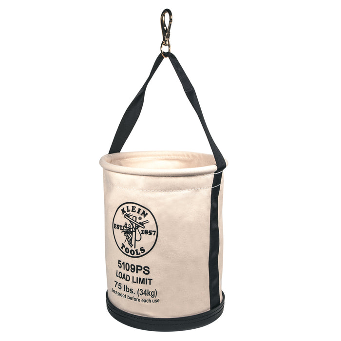 KLEIN TOOLS 12" Molded Bottom Wide Straight Wall Canvas Bucket w/ Pocket & Swivel Snap Hook
