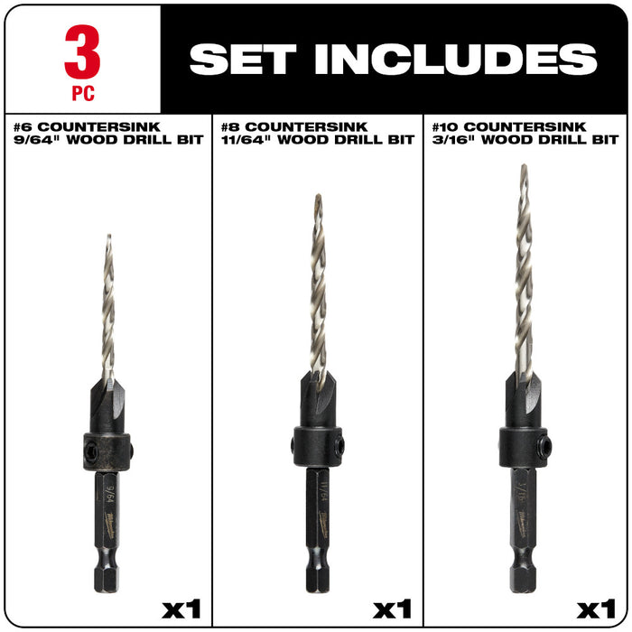 Milwaukee Tools Set #6, #8 and #10 Countersinks 48-13-5003