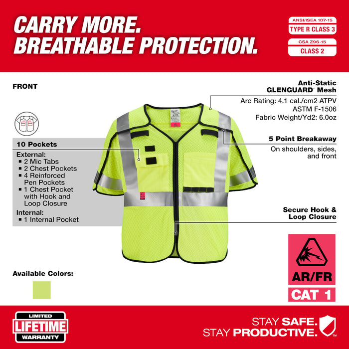 MILWAUKEE AR/FR Cat. 1 Class 3 Breakaway High Visibility Yellow Mesh Safety Vest