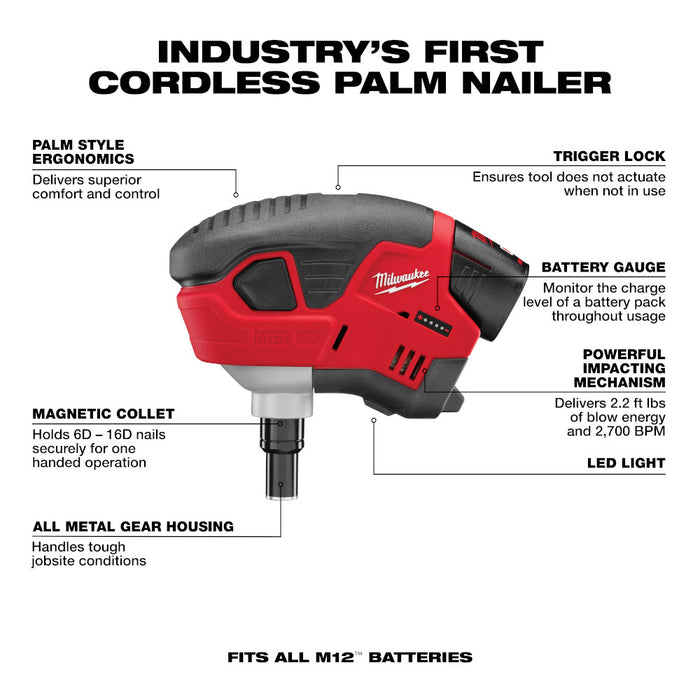 MILWAUKEE M12 Palm Nailer Kit 2458-21 Q4