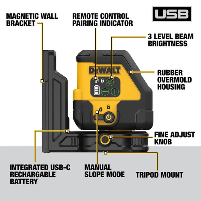 DeWalt DEWALT USB Rechargeable Green Cross Line Laser Kit DCLE14201G