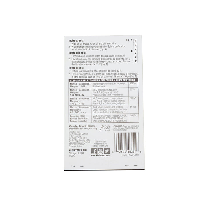 KLEIN TOOLS Wire Marker Book, 120/240V Black, Red, Blue 1-48