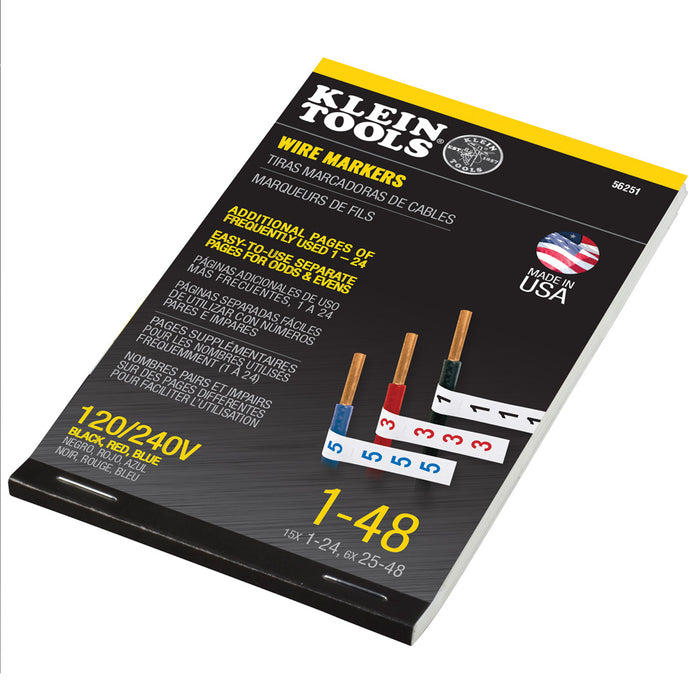 KLEIN TOOLS Wire Marker Book, 120/240V Black, Red, Blue 1-48