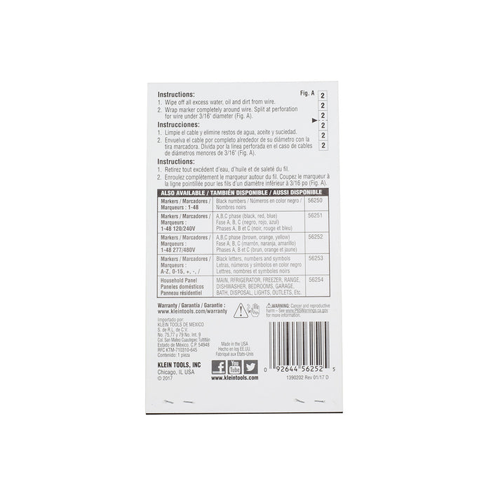 KLEIN TOOLS Wire Marker Book, 277/480V Brown, Orange, Yellow 1-48