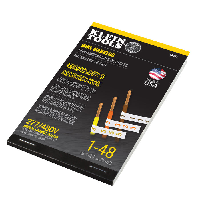 KLEIN TOOLS Wire Marker Book, 277/480V Brown, Orange, Yellow 1-48