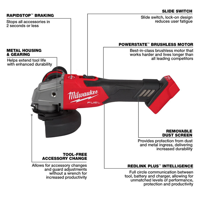 MILWAUKEE M18 FUEL™ 4-1/2" / 5" Braking Grinder w/ Slide Lock-On Switch (Tool Only)
