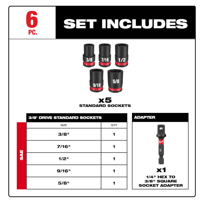 MILWAUKEE 6 PIEZAS. Juego de dados estándar con cuadro de 3/8" SHOCKWAVE IMPACT DUTY™ - SAE