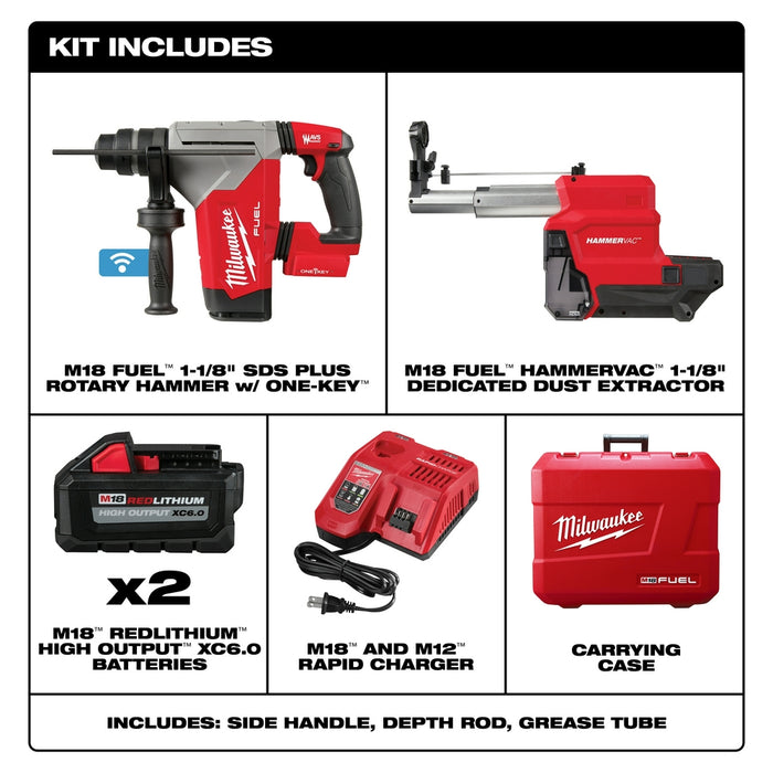 MILWAUKEE M18 FUEL 1-1/8" SDS PLUS Rotary Hammer w/ ONE-KEY Kit w/ HAMMERVAC Dedicated Dust Extractor