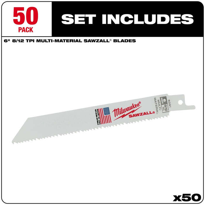 Milwaukee 6" 8/12 TPI Multi-Material SAWZALL Blades 50-Pack 48-01-6091