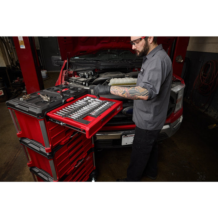 Milwaukee 1/4 Inch, 3/8 Inch, and 1/2 Inch Drive Metric and SAE Ratchet and Socket Set with PACKOUT 4-Drawer Tool Box, 242 Pieces 48-22-9491