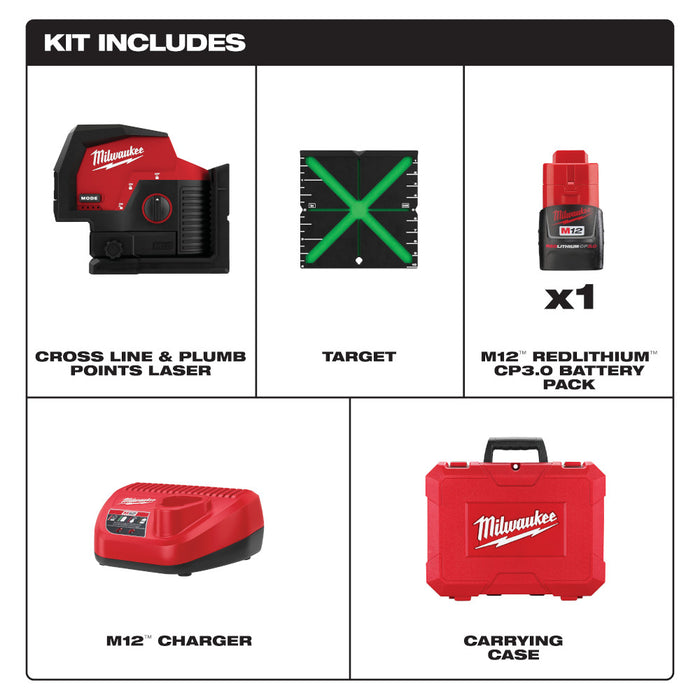 Kit láser de puntos de plomada y líneas cruzadas verdes MILWAUKEE M12™