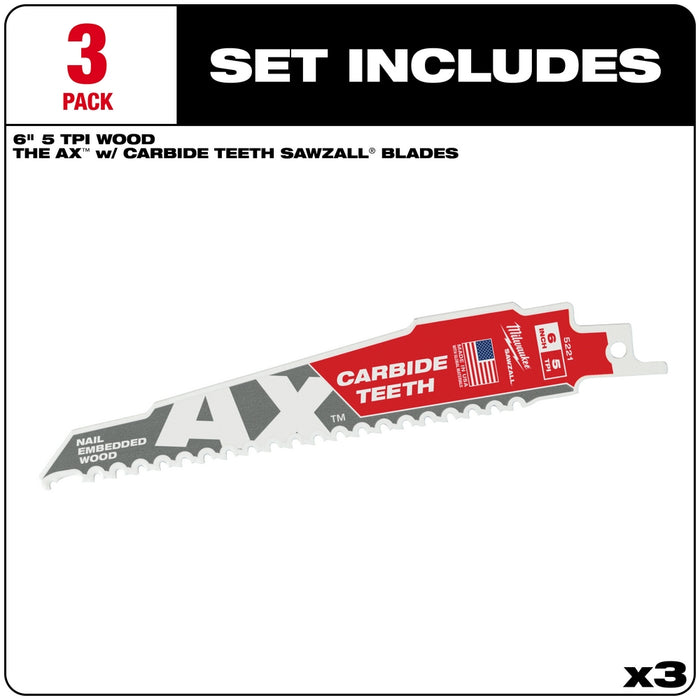 MILWAUKEE 5 TPI AX™ Nail Embedded Wood SAWZALL® Blade w/ Carbide Teeth