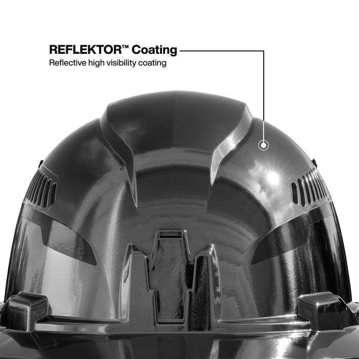 Klein Tools Hard Hat, REFLEKTOR™ Black Chrome, Vented Full Brim, Class C, Headlamp