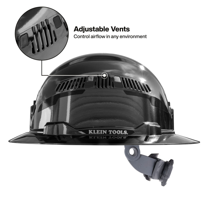 Klein Tools Hard Hat, REFLEKTOR™ Black Chrome, Vented Full Brim, Class C, Headlamp