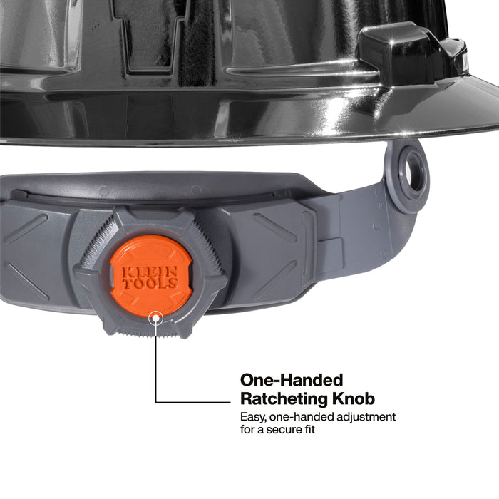 Klein Tools Hard Hat, REFLEKTOR™ Black Chrome, Vented Full Brim, Class C, Headlamp