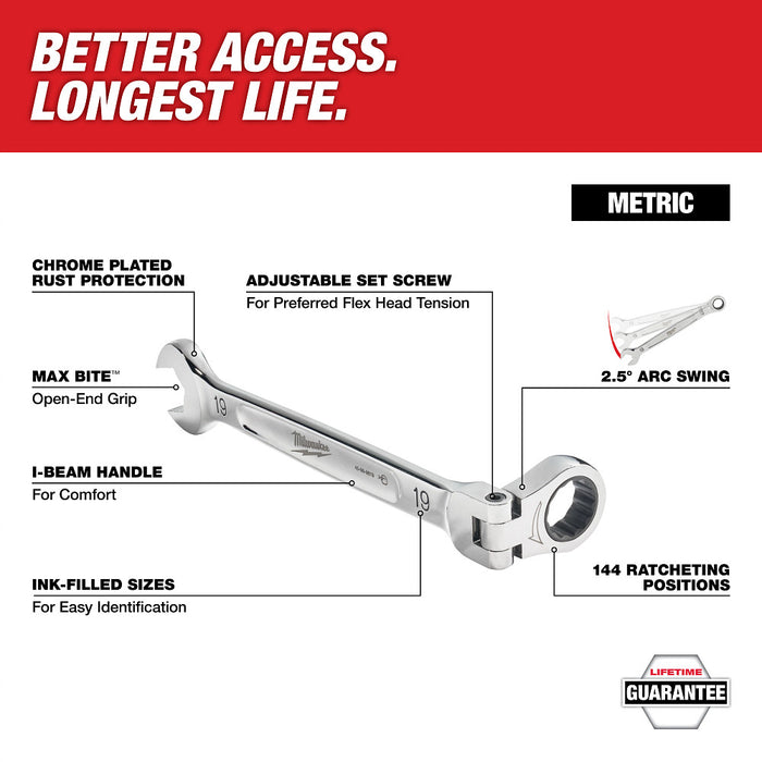 MILWAUKEE Flex Head Ratcheting Combination Wrench - Metric