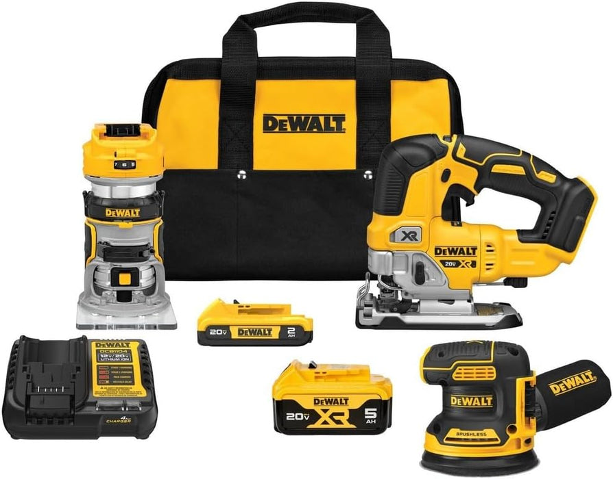 DEWALT 20V MAX* 3-Tool Combo Kit, Brushless Cordless Router Tool, Random Orbital Sander, Jig Saw, Battery and Charger Included (DCK307D1P1)
