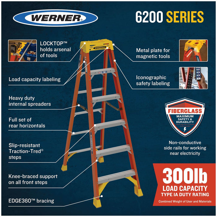 Werner 6204 Fiberglass Step Ladder, 4 ft, Type IA, 300 lb Duty Rating, 6200 Series w/ LOCKTOP