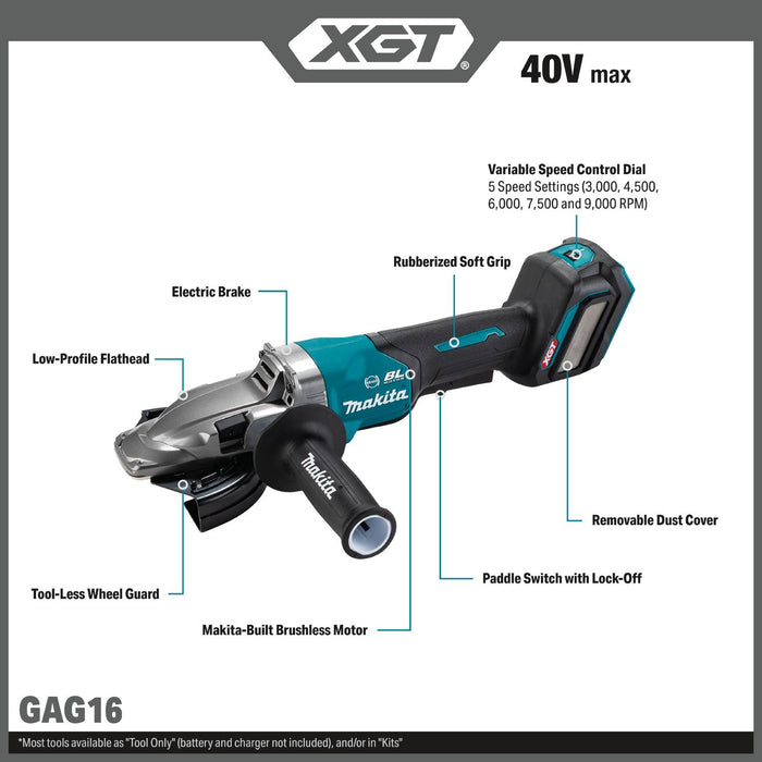 Makita GAG16Z 40V max XGT® Brushless Cordless 5" Paddle Switch Flathead Grinder, Variable Speed, with Electric Brake, Tool Only