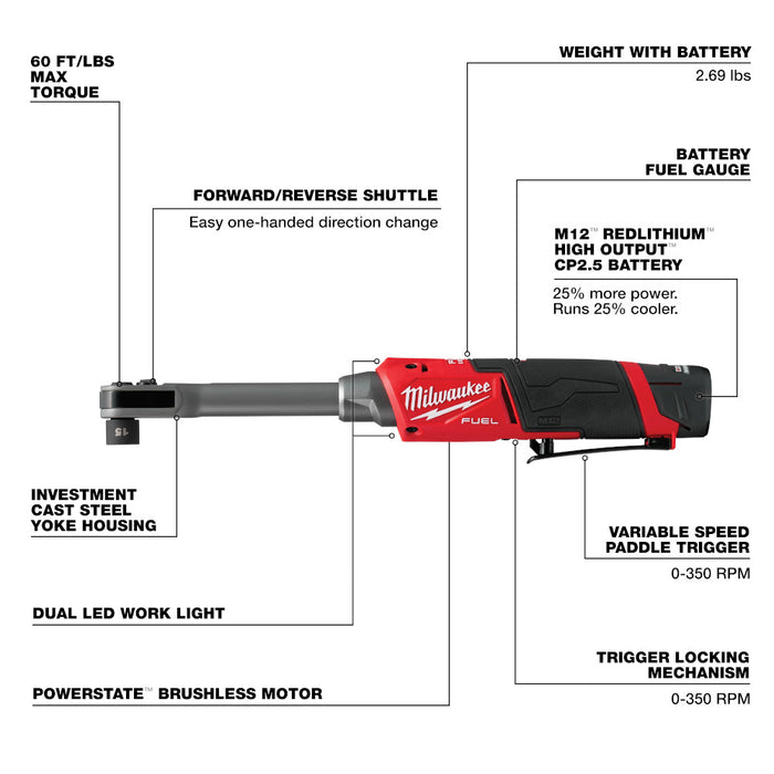 MILWAUKEE M12 FUEL™ INSIDER™ Kit de trinquete de caja de alcance extendido