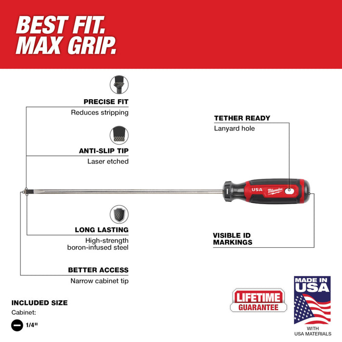 MILWAUKEE 1/4" Cabinet 10" Cushion Grip Screwdriver