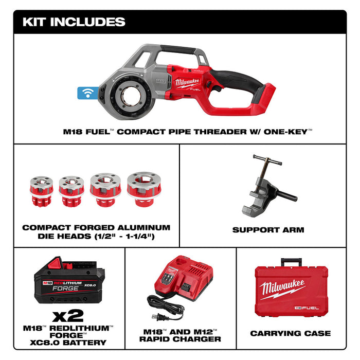 Roscadora de tubos compacta MILWAUKEE M18 FUEL™ con kit ONE-KEY™ con cabezales roscadores compactos de aluminio forjado NPT de 1/2" - 1-1/4"