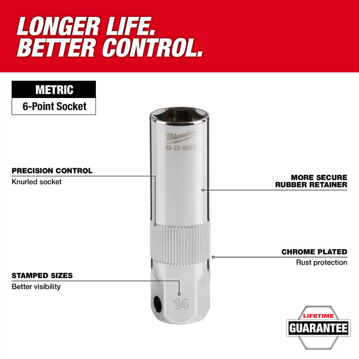 MILWAUKEE Vaso para bujía de 14 mm con accionamiento de 3/8"