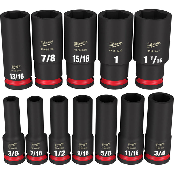 MILWAUKEE Juego de llaves de vaso de 6 puntos profundos SAE con accionamiento de 1/2" SHOCKWAVE Impact Duty de 12 piezas
