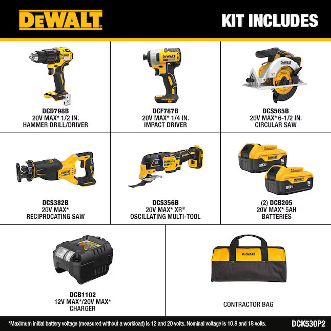 DEWALT 20V MAX XR Brushless 5-Tool Combo Kit with 5Ah Batteries | DCK530P2