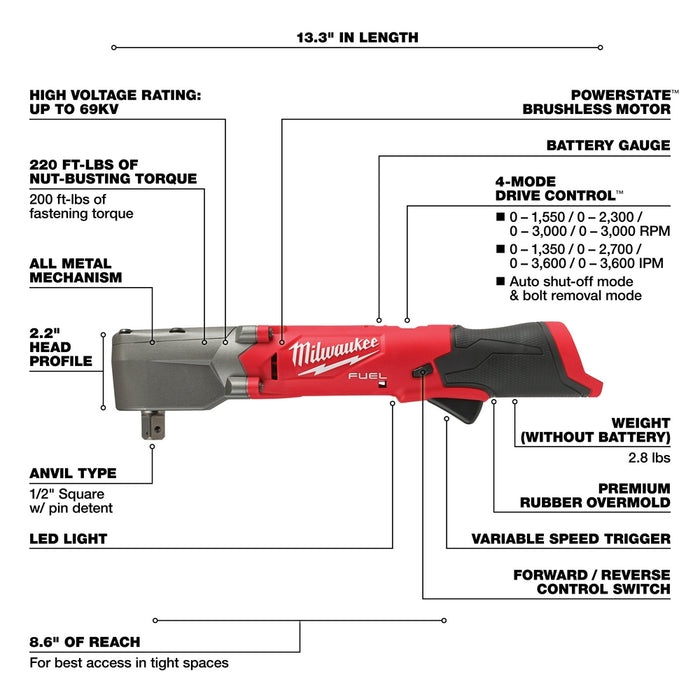 MILWAUKEE M12 FUEL™ 1/2" Right Angle Impact Wrench w/ Pin Detent (Tool Only)