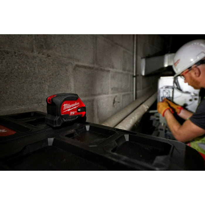 MILWAUKEE 25' Compact Wide Blade Magnetic Tape Measure w/ Rechargeable 100L Light