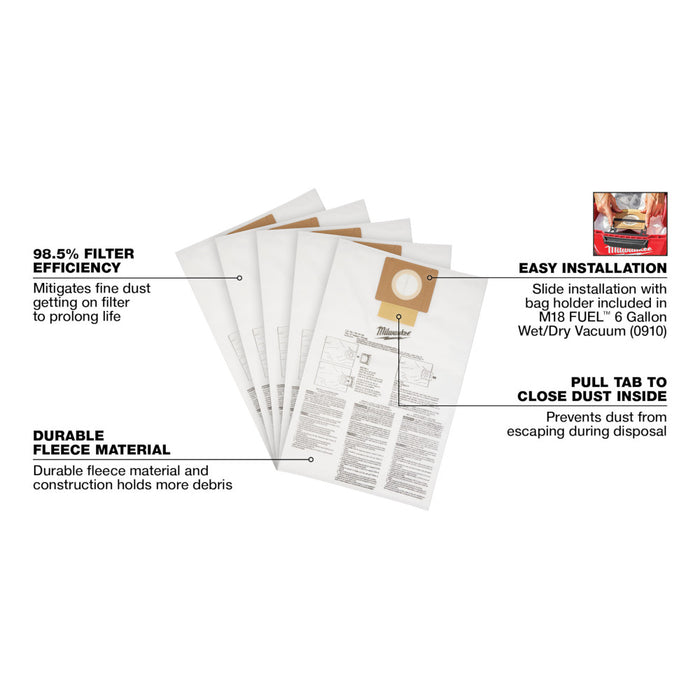 Bolsas para polvo de forro polar de 6 galones MILWAUKEE (PAQUETE DE 5)