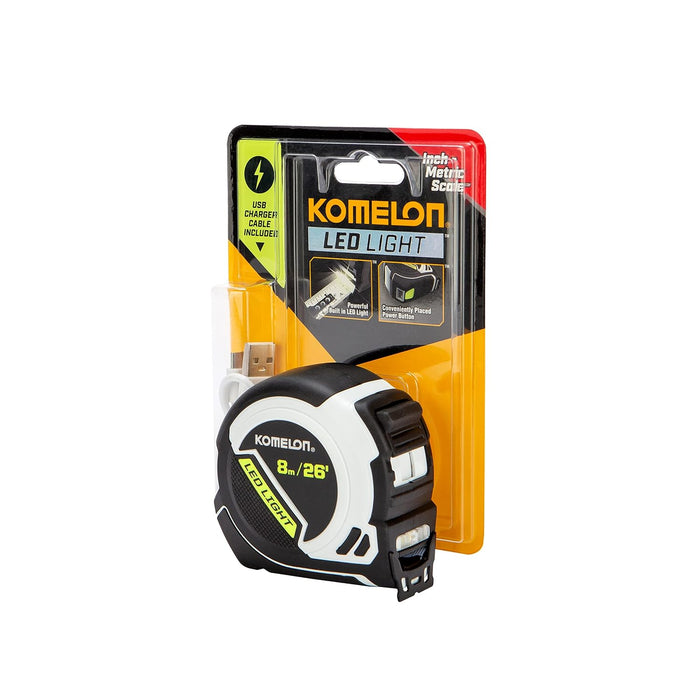 Komelon 26'/8m x 1" Ultra-Compact Tape Measure w/ Built in LED Light - Inch/Metric