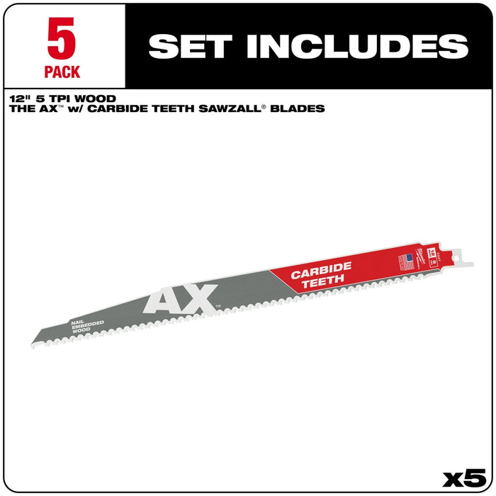 MILWAUKEE 5 TPI AX™ Nail Embedded Wood SAWZALL® Blade w/ Carbide Teeth