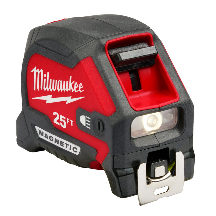 MILWAUKEE 25' Compact Wide Blade Magnetic Tape Measure w/ Rechargeable 100L Light