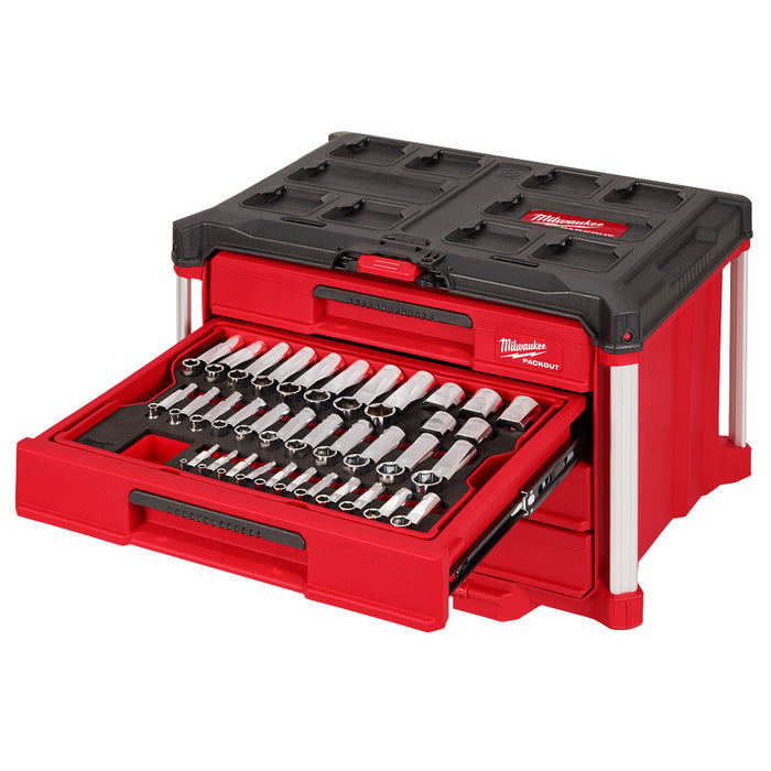 Milwaukee 1/4 Inch, 3/8 Inch, and 1/2 Inch Drive Metric and SAE Ratchet and Socket Set with PACKOUT 4-Drawer Tool Box, 242 Pieces 48-22-9491