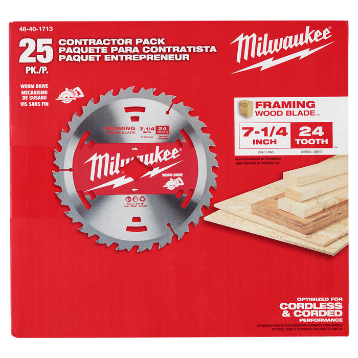 Hoja para cortar madera para sierra circular MILWAUKEE de 7-1/4" 24T (PAQUETE de 25)
