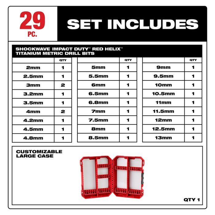 MILWAUKEE 29 UDS. Juego de brocas métricas de titanio SHOCKWAVE IMPACT DUTY™ RED HELIX™