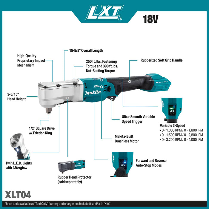 Makita XLT04Z 18V LXT® Lithium-Ion Brushless Cordless High Torque 1/2" Sq. Drive Angle Impact Wrench w/ Friction Ring, Tool Only