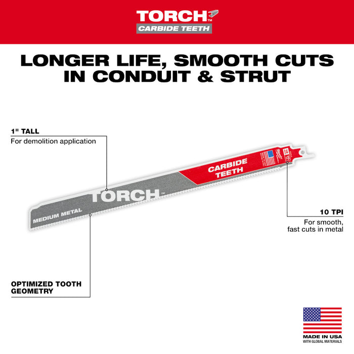 MILWAUKEE 12" 10 TPI TORCH™ w/ Carbide Teeth For Medium Metal (5 PACK)