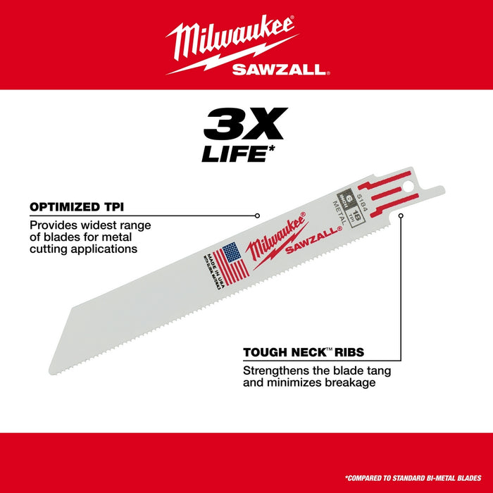 Milwaukee 6" 10 TPI Thin Kerf Metal-Cutting SAWZALL Blade (100 PK) 48-01-7092