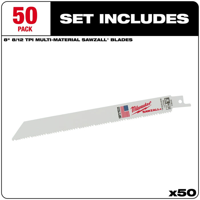 Milwaukee 8" 8/12 TPI SAWZALL Reciprocating Saw Blade (50-Pack) 48-01-6093