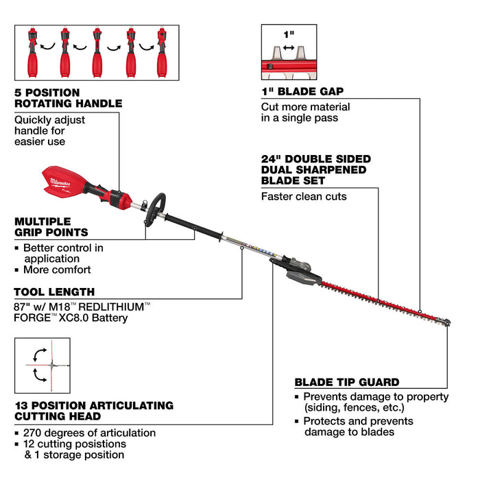 MILWAUKEE M18 FUEL™ Pole Articulating Hedge Trimmer (Tool Only) + 48-11-1881 Battery