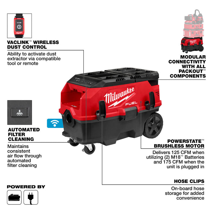 MILWAUKEE 0888-20 M18 FUEL™ 9 Gallon Dual Battery Dust Extractor w/ PACKOUT™ Compatibility and VACLINK™