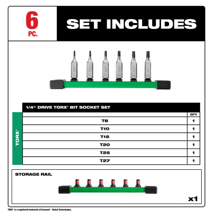 MILWAUKEE 6 PIEZAS. Juego de dados con punta TORX® con impulsión de 1/4"
