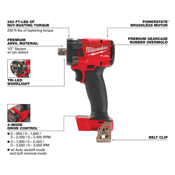 MILWAUKEE M18 FUEL™ 1/2" Compact Impact Wrench w/ Pin Detent (Tool Only)