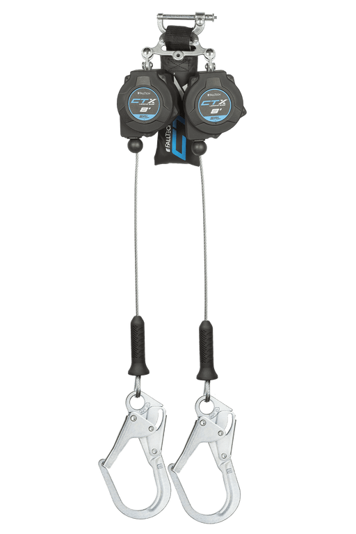 FALLTECH 8' CTX™ Cable Class 2 Leading Edge Personal SRL-P, Twin-Leg w/ Steel Rebar Hooks